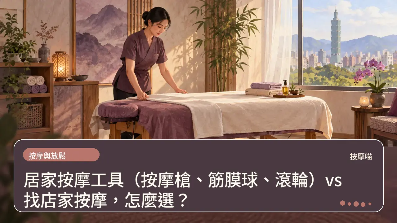 居家按摩工具（按摩槍、筋膜球、滾輪）vs 找店家按摩，怎麼選？主題插畫