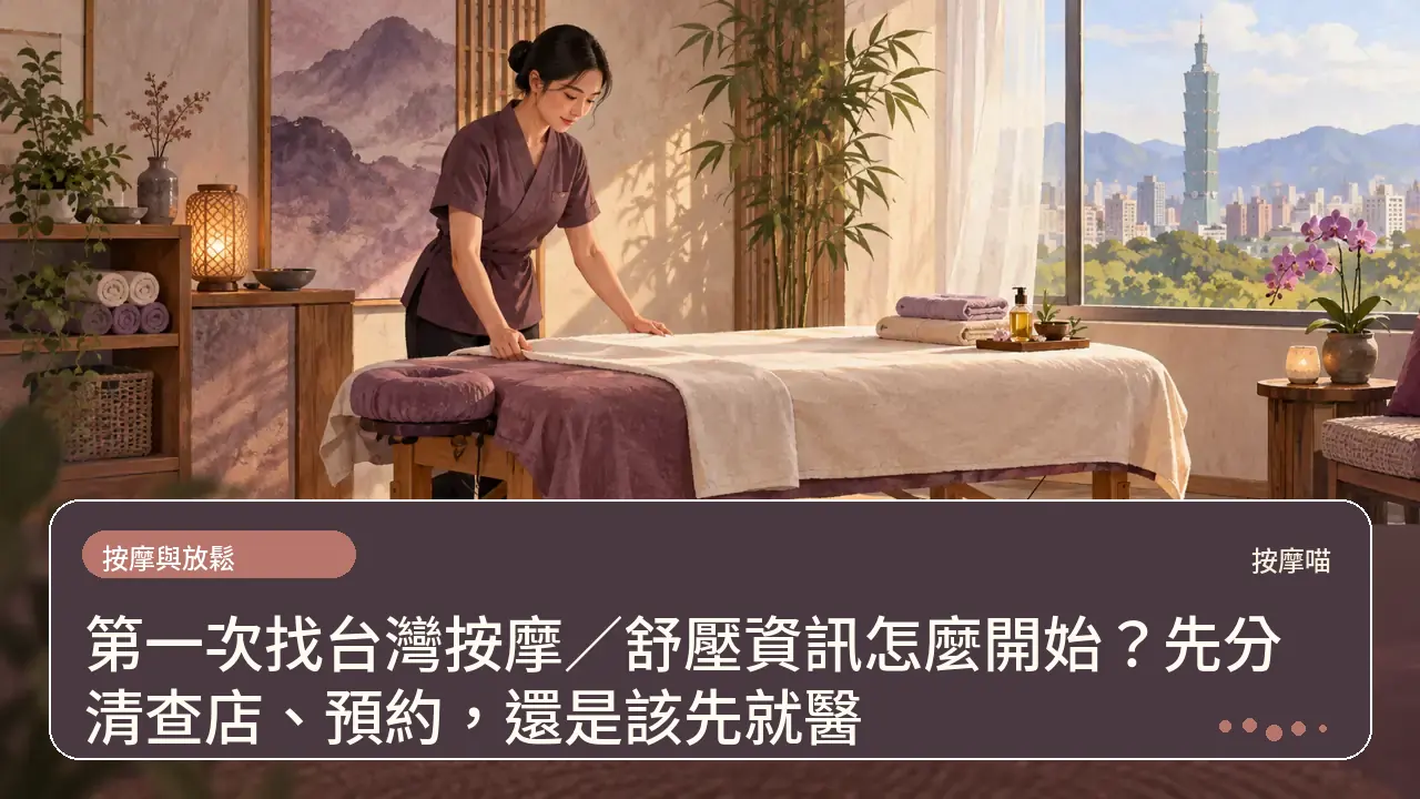 第一次找台灣按摩／舒壓資訊怎麼開始？先分清查店、預約，還是該先就醫主題插畫