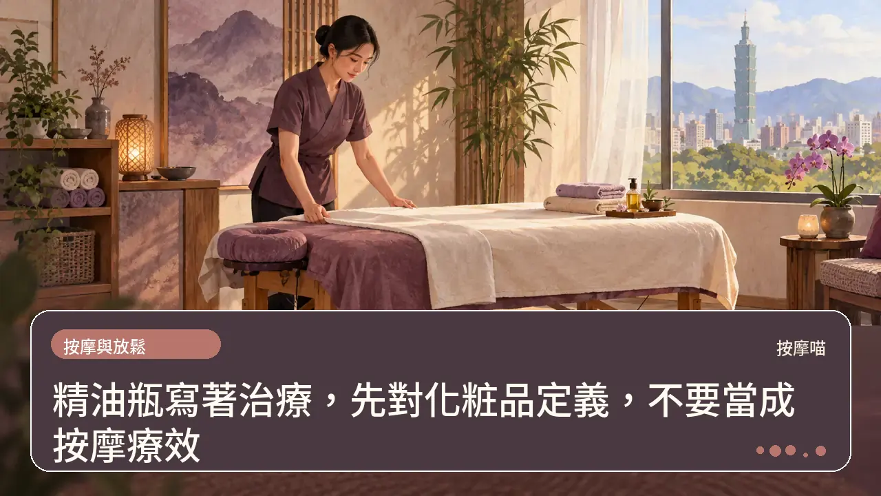 精油瓶寫著治療,先對化粧品定義,不要當成按摩療效主題插畫