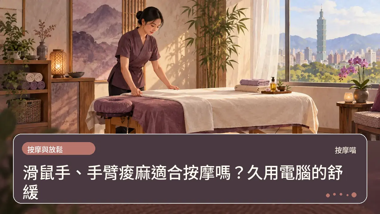 滑鼠手、手臂痠麻適合按摩嗎?久用電腦的舒緩主題插畫